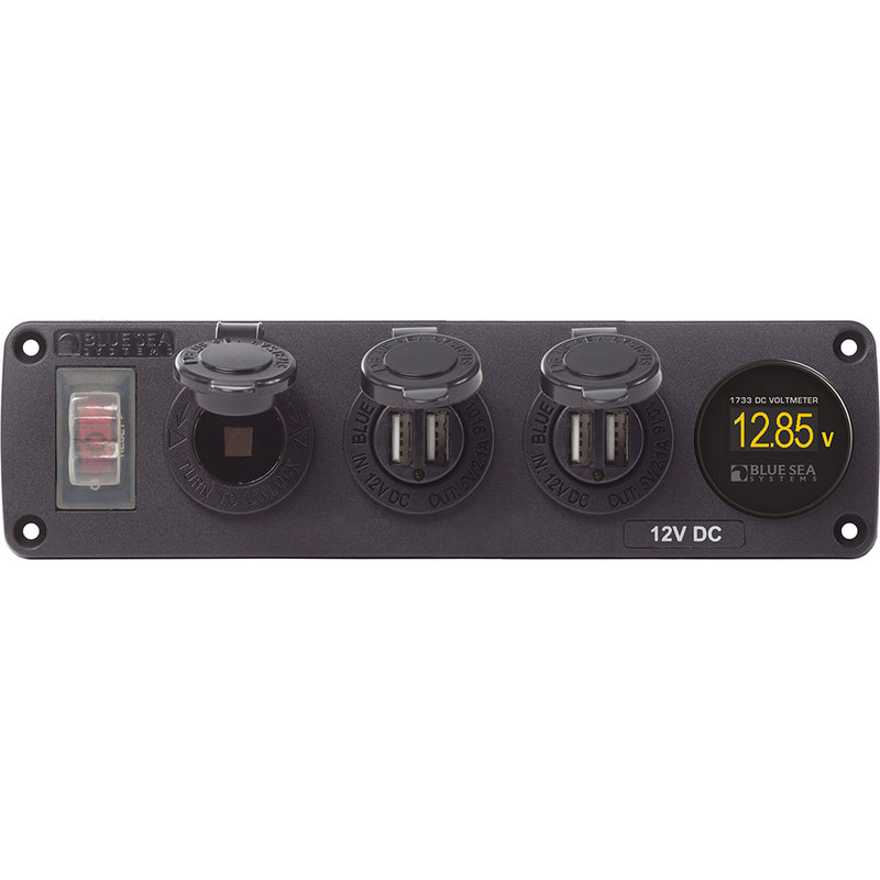 4368 Water Resistant USB Accessory Panel - 12V Socket, 2x 2.1A Dual USB Chargers, Mini Voltmeter
