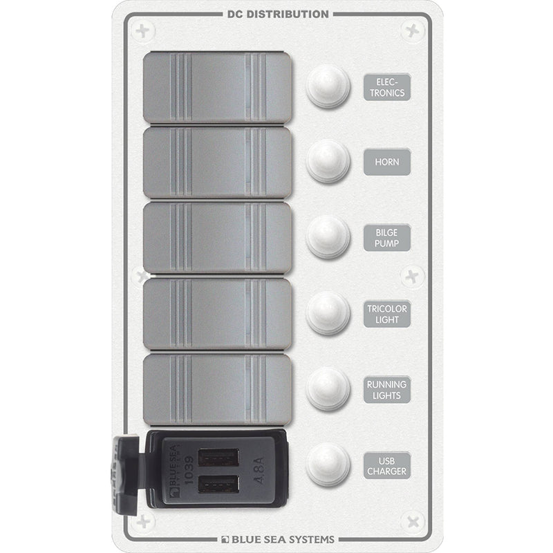 8421 - 5 Position Contura Switch Panel w/Dual USB Chargers - 12/24V DC - White