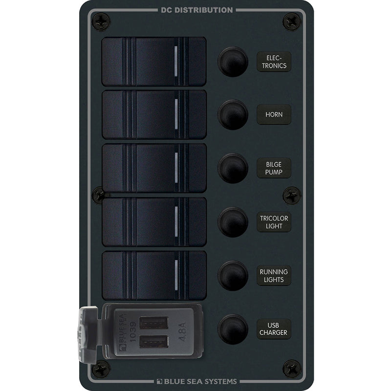 8521 - 5 Position Contura Switch Panel w/Dual USB Chargers - 12/24V DC - Black