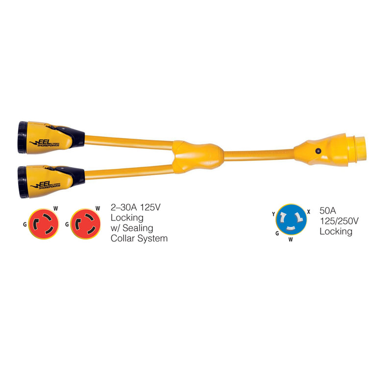Y504-2-30 EEL (2)-30A-125V Female to (1)50A-125/250V Male "Y" Adapter - Yellow