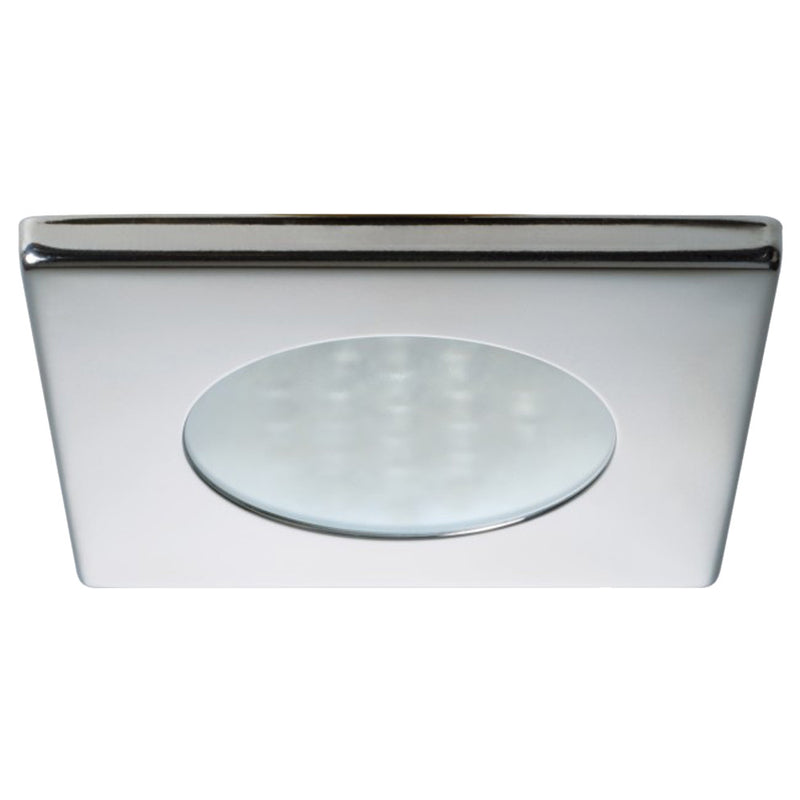 Quick Bryan CS Downlight LED - 2W, IP40, Spring Mounted w/Switch - Square Stainless Bezel, Round Warm White Light