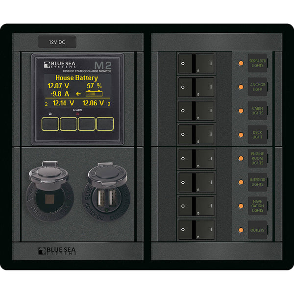 1497 - 360 Panel - 8 Position 12V Flat Rocker M2 Multimeter w/SOC & Dual USB/12V Socket