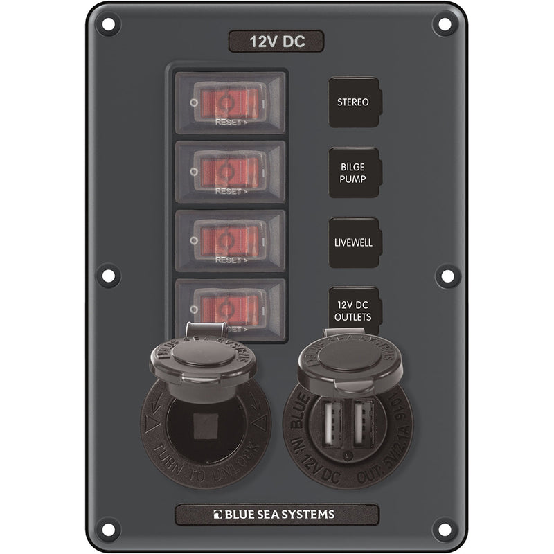 4321 Circuit Breaker Switch Panel 4 Position - Gray w/12V Socket & Dual USB