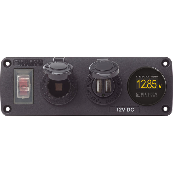 4366 Water Resistant USB Accessory Panel - Circuit Breaker, 12V Socket, Dual USB Charger, Mini Voltmeter