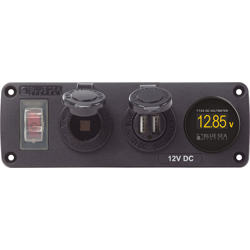 4366 Water Resistant USB Accessory Panel - Circuit Breaker, 12V Socket, Dual USB Charger, Mini Voltmeter