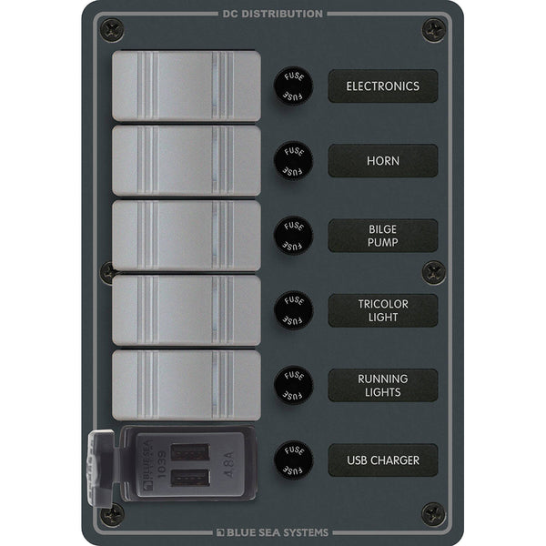 8121 - 5 Position Contura Switch Panel w/Dual USB Chargers - 12/24V DC - Black