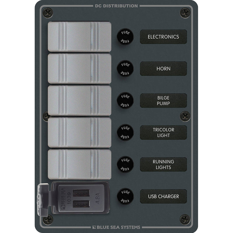 8121 - 5 Position Contura Switch Panel w/Dual USB Chargers - 12/24V DC - Black