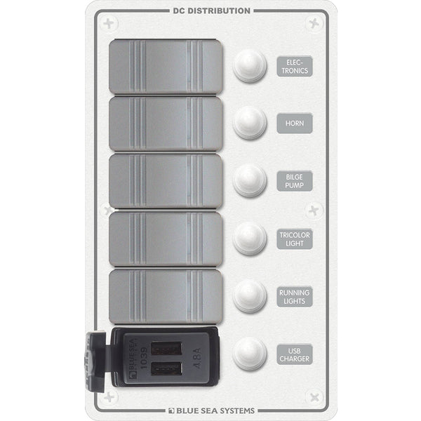 8421 - 5 Position Contura Switch Panel w/Dual USB Chargers - 12/24V DC - White