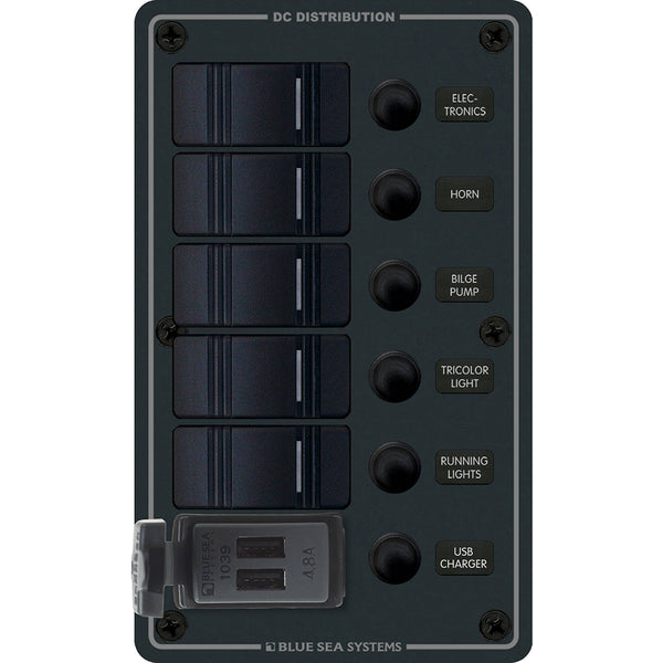 8521 - 5 Position Contura Switch Panel w/Dual USB Chargers - 12/24V DC - Black
