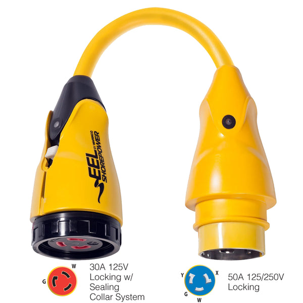 P504-30 EEL 30A-125V Female to 50A-125/250V Male Pigtail Adapter - Yellow