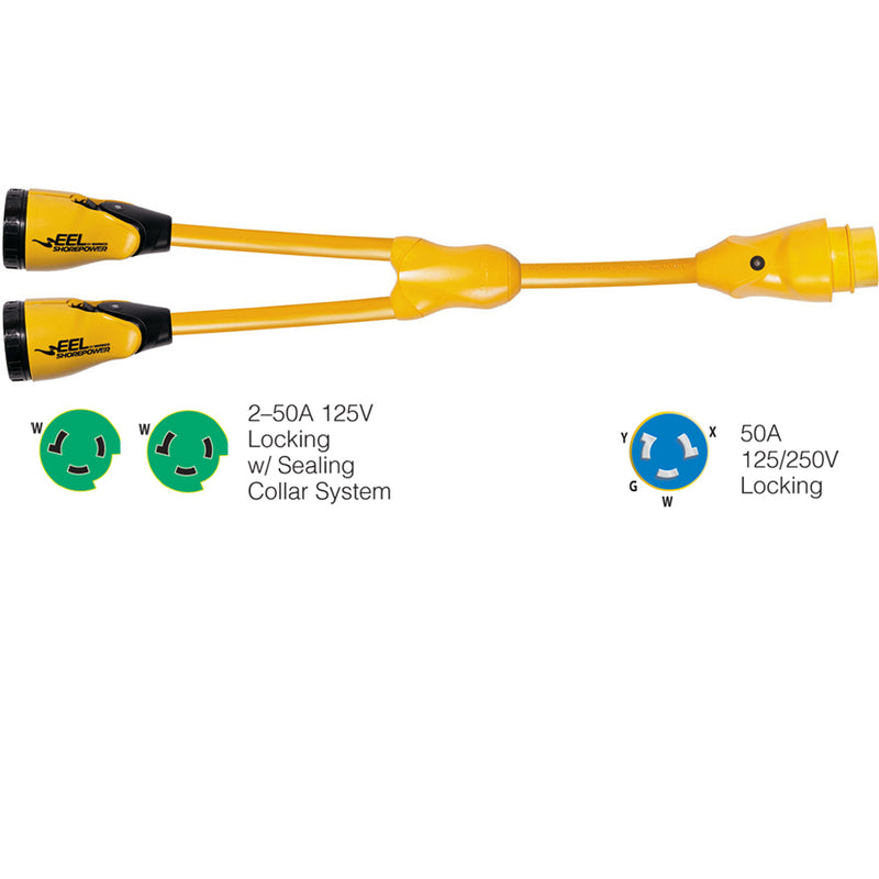 Y504-2-503 EEL (2)50A-125V Female to (1)50A-125/250V Male "Y" Adapter - Yellow