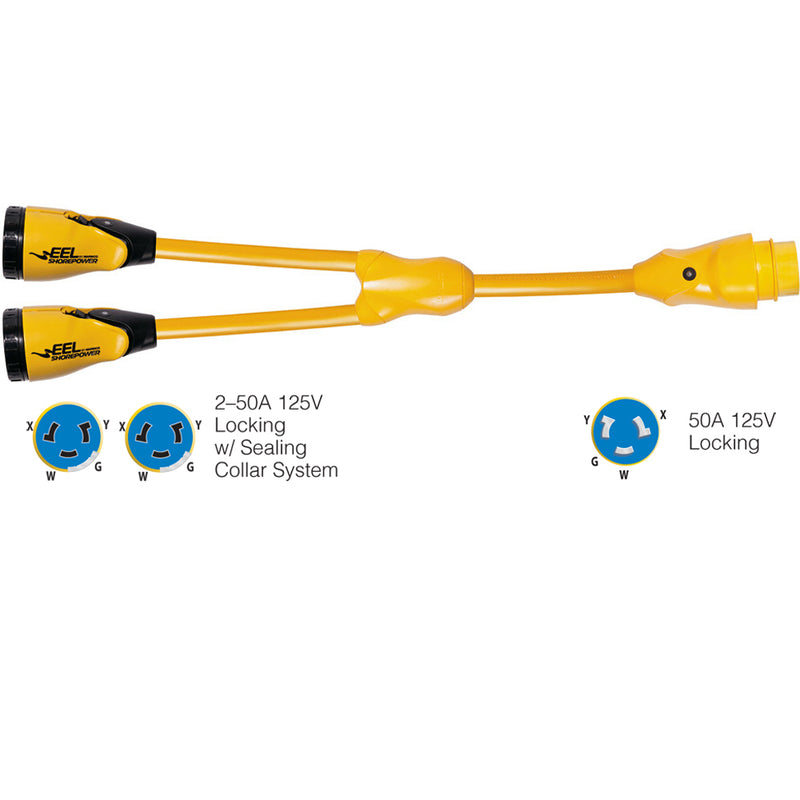 Y504-2-504 EEL (2)50A-125/250V Female to (1)50A-125/250V Male "Y" Adapter - Yellow