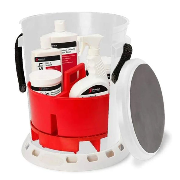 Shurhold 5 Gallon White Bucket Kit - Includes Bucket, Caddy, Grate Seat, Buff Magic, Pro Polish Brite Wash, SMC & Serious Shine