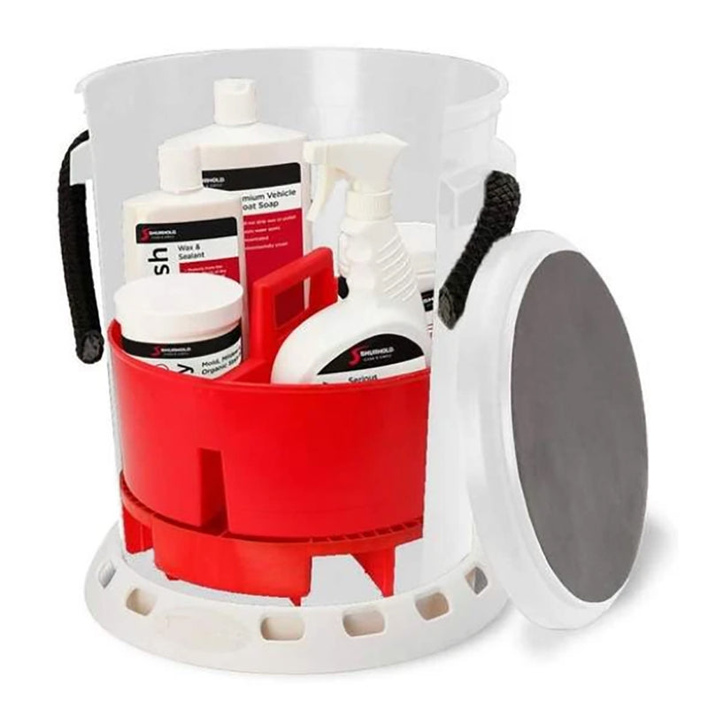 Shurhold 5 Gallon White Bucket Kit - Includes Bucket, Caddy, Grate Seat, Buff Magic, Pro Polish Brite Wash, SMC & Serious Shine